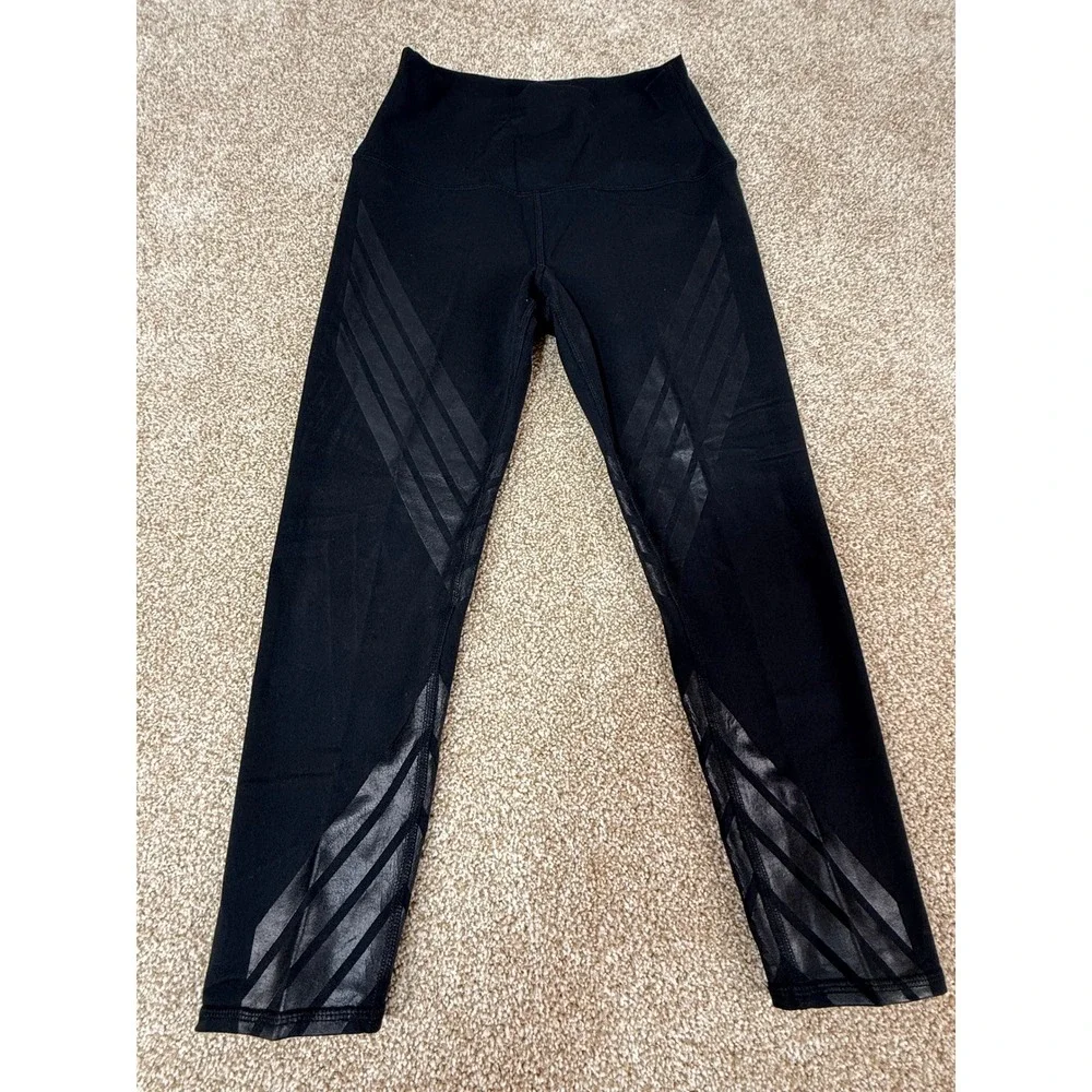 Alo Yoga Womens High Waist Black Chevron Stripe Glossy Leggings Small S Gym Yoga